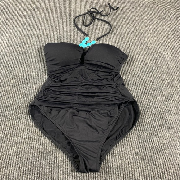 LRL Ralph Lauren Swimsuit Women 14 Black One Piece Beach Pool‎ Beaded Stretch - Picture 1 of 2